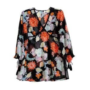 RAGA Anthropologie Blouse Top Tassel 3/4 Sleeve V-Neck Black Orange Floral Small